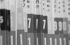 Organized trial master file binders on a shelf